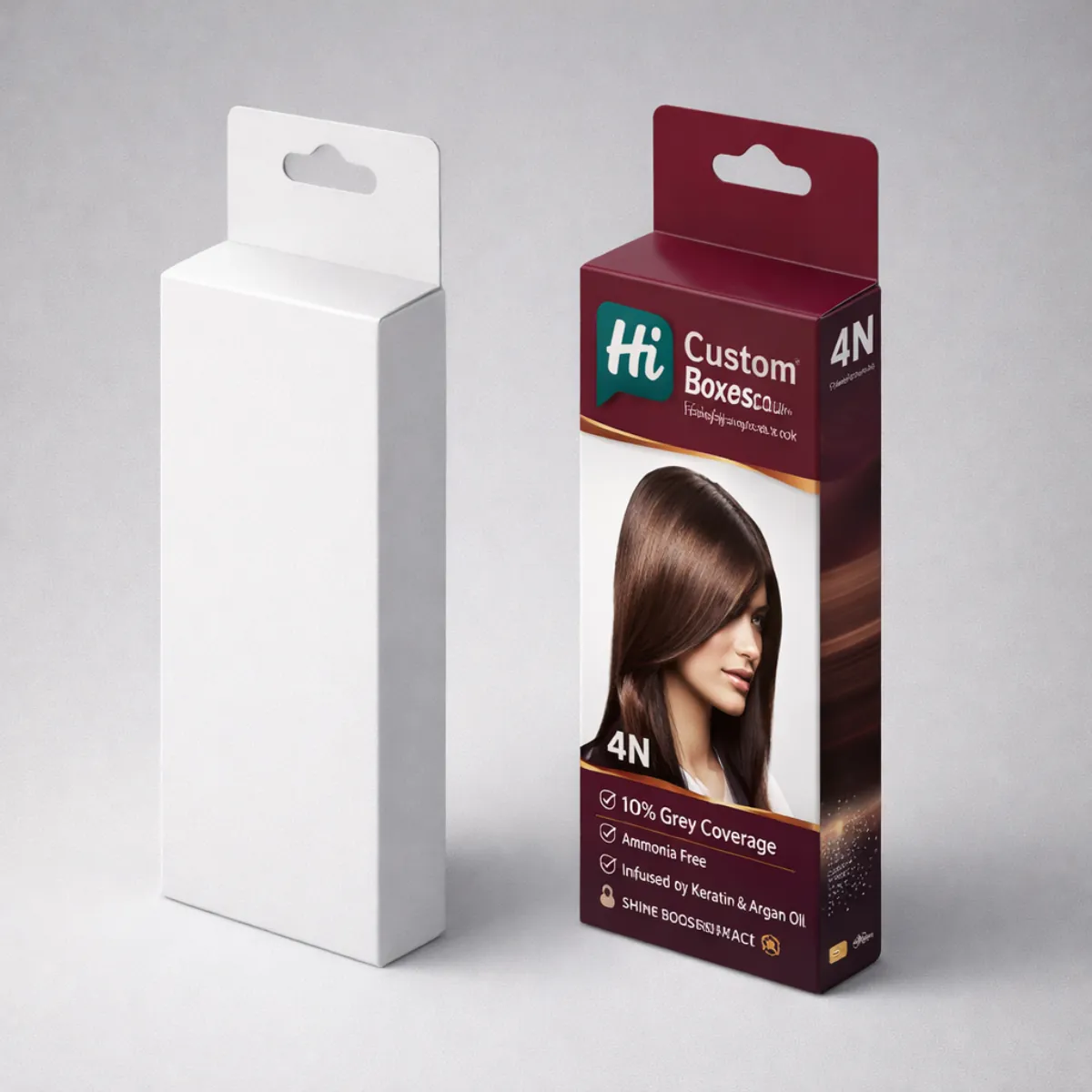 A white hanging tab box next to a printed hair dye box with a dark brunette model. class=